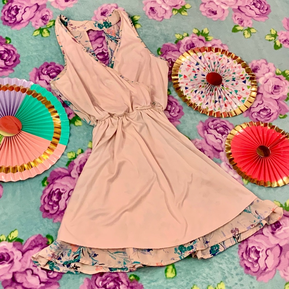 Lush Light Blush Pink Blue Floral Skater Dress XS - Picture 4 of 9